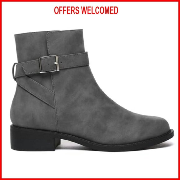 Women's Chunky Low Heel Ankle Boots Round Toe Buckle Leather Booties - Picture 4 of 8